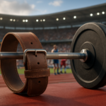 A close-up of a brown leather lever belt placed next to a barbell on a red gym mat, with a crowded stadium in the backgr