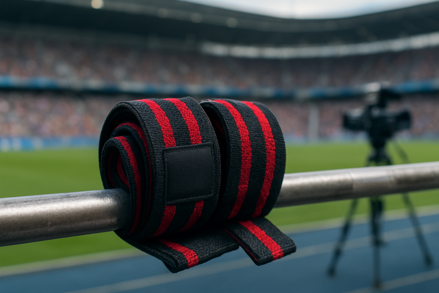 Close-up of red and black wrist wraps resting on a railing at a sports venue.