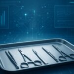 Close-up of surgical instruments on a tray with a digital background