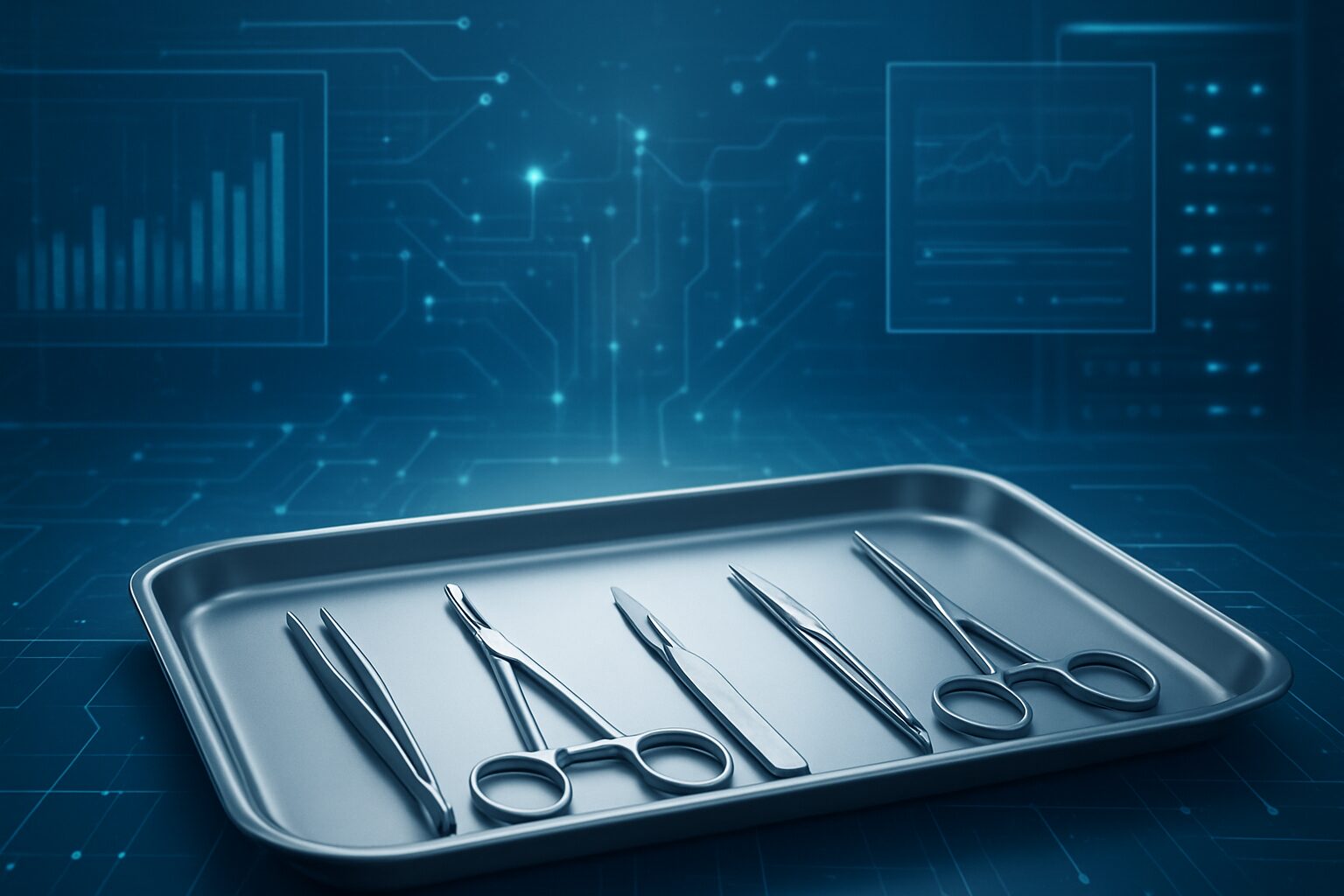 Close-up of surgical instruments on a tray with a digital background